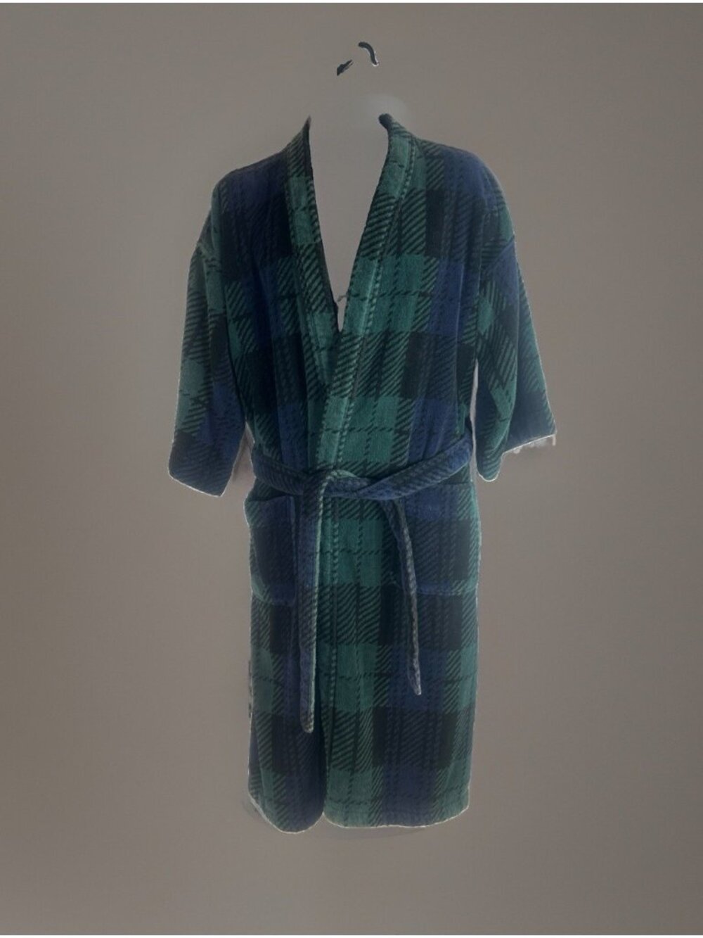 Bill Blass Black Green Robe Men’s One Size Plaid Cotton Tie Waist Sleepwear